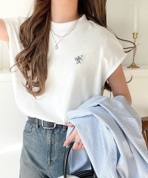 大人女子の上品ベーシック。綿100％シルケットモックネックフレンチTシャツ(刺繍) ce1260395