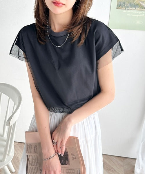 《JaVa ジャバコラボ》１枚で即こなれ感。バックプリントチュールレイヤードフレンチTシャツ jv1010316