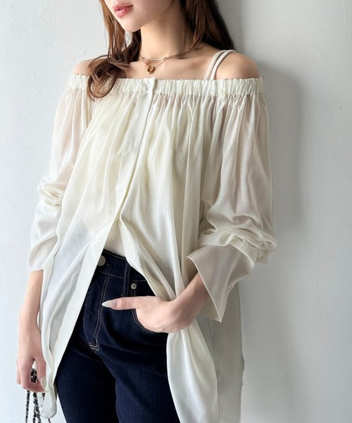 着るたび煌めきときめく。2wayオフショルチュニックギャザーシアーシャツ（長袖） ce1110119