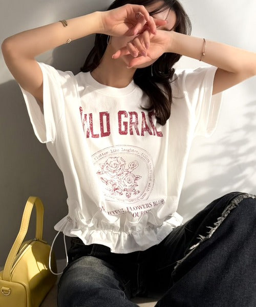 【mily bilet】甘辛バランスが叶う！綿100％ゆるシルエット裾ドロストフリルプリントTシャツ mi1329075