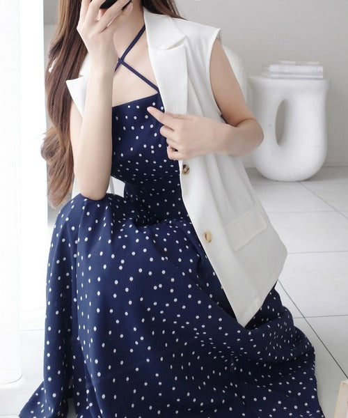 【mily bilet】上品さと抜け感をひとまとめに。ドットキャミワンピプラスノースリジャケットセット（2点セット） mi1139100