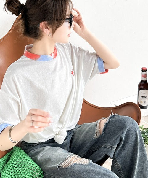 レトロでポップな大人リンガーT。胸刺繍タイダイリンガー半袖T ce1050158