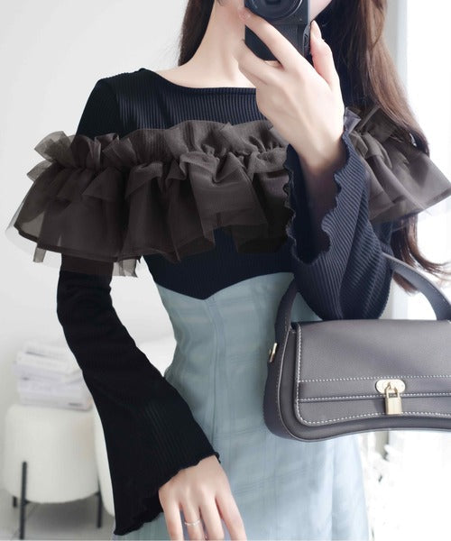 【mily bilet】大人の女性にぴったり！チュールフリルデザインドッキングワンピース(ロング丈) mi1019062