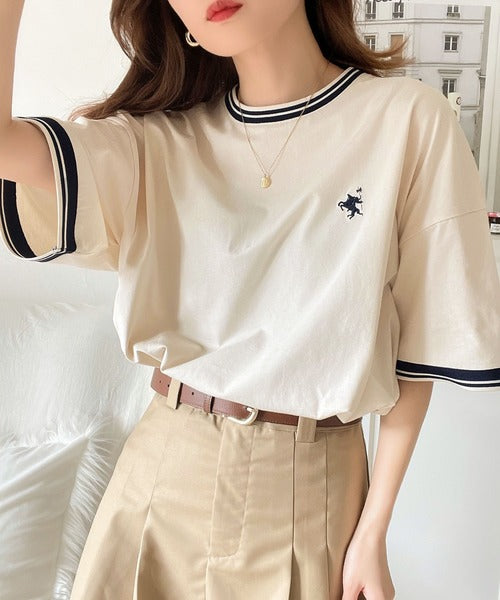 《JaVa ジャバコラボ》大人スポーティー。綿100%シルケット 配色刺繍Tシャツ jv1050074