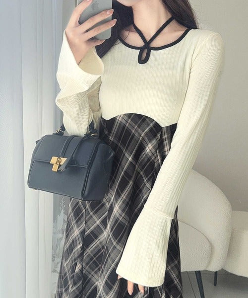 【mily bilet】大人の上品さをブラッシュアップ。チョーカー使い配色パイピングカットソードッキングチェックワンピース mi1139055
