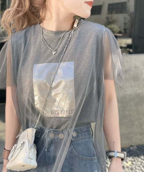 【mily bilet】1枚で上級お洒落style。チュール重ね着風シルバー箔プリントTシャツ mi1149050