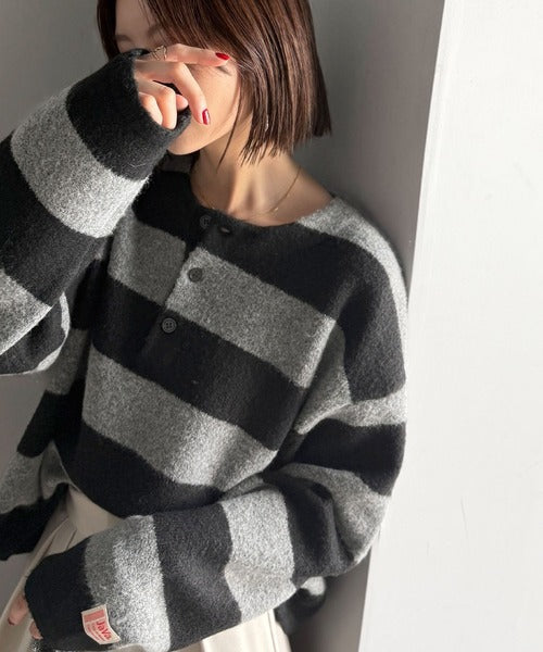 《JaVaジャバコラボ》ボーダー＆無地で大人女子のリアルバイ◎ヘンリーネックラガーニットプルオーバー（長袖） jv1020270