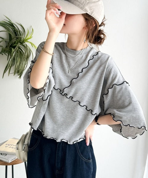 Tシャツより可愛く、スウェットより軽やか♪5分袖メロウ切替裏毛トップス ce1020310