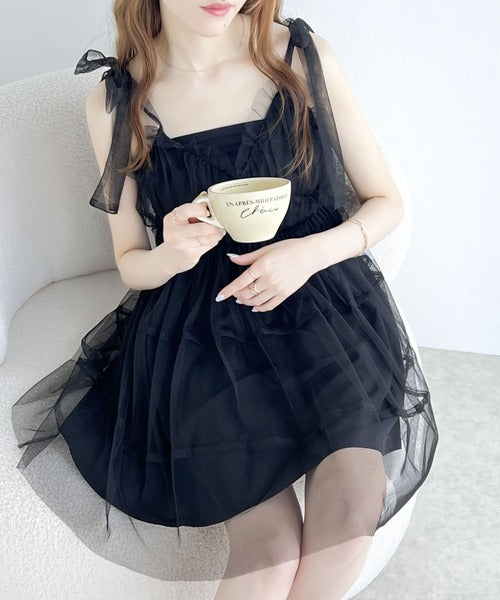 【mily bilet】センシュアルな雰囲気を醸し出す一着。リボン使いチュールキャミソール mi1019040