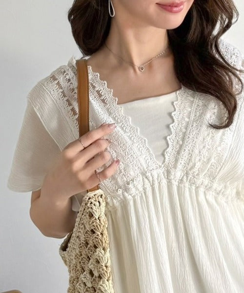 【mily bilet】甘さを抑えて上品に華やぐ。ナチュラルムードな レース使い楊柳フレアワンピース mi1019130