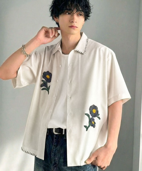 【接触冷感機能付き】サガラ刺繍フラワーステッチシャツ／Cool-Touch Fabric Sagara Embroidered Flower Stitch Shirt (半袖) co1320019