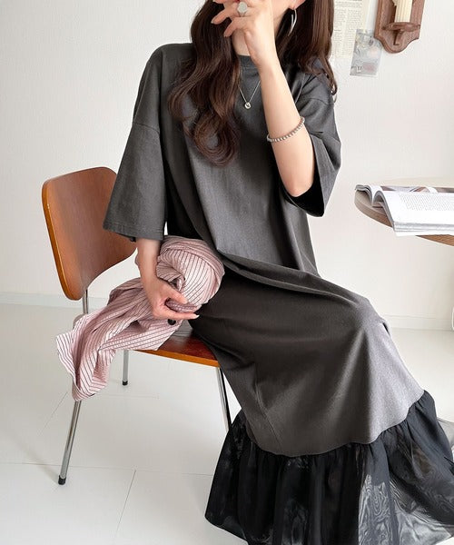 【JaVa ジャバコラボ】トレンドスタイル即完成!レイヤード風チュールコンビTシャツワンピース jv1260364