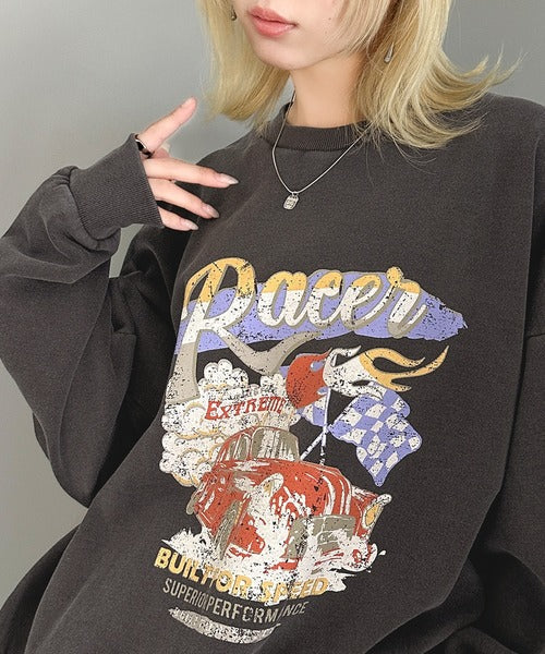 《JaVa ジャバコラボ》大人のスポーツMIXテイスト。レーシングカーデザインピグメント裏起毛スウェット jv1029078