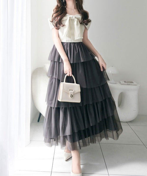 【mily bilet】一枚に大人可愛いを凝縮。リボンデザイントップス×チュールスカートドッキングキャミワンピース (ロング丈) mi1139113