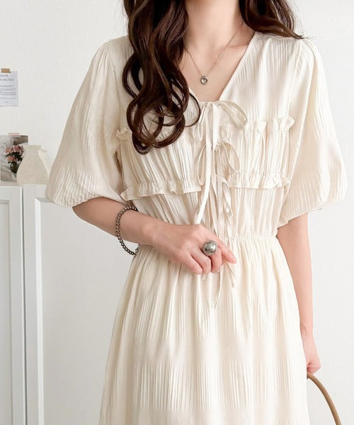 【mily bilet】1枚で華やぐ♪揺れ感シアーフリルリボンプリーツロングワンピース mi1019134
