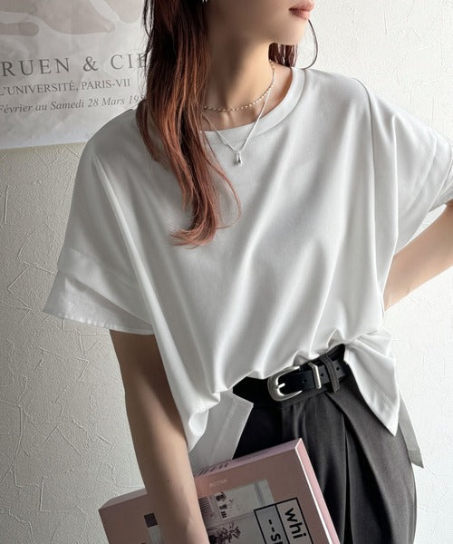 大人の女性を魅力的に引き立てる。袖口シアー切り替え 半袖 Tシャツ ce1110095