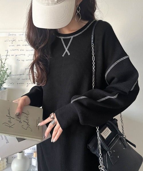 《JaVaジャバコラボ》後姿が可愛い◎配色ステッチワッフルロングワンピース（長袖） jv1260504