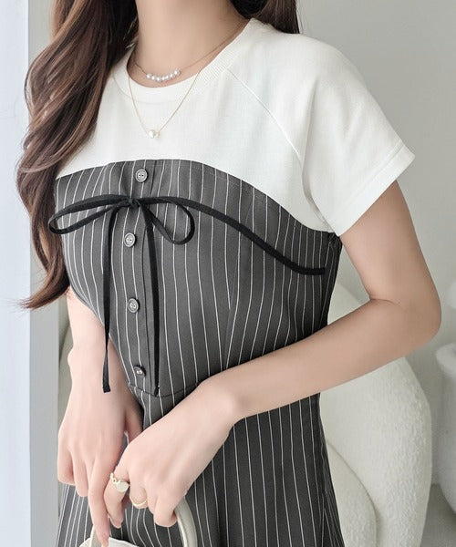 【mily bilet】こなれ感抜群の最旬レイヤード。Tシャツレイヤード風 ストライプドッキング フレアワンピース (ロング丈) mi1019129