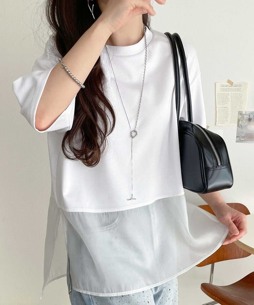 春夏に涼しさ引き立てる透け感が◎裾シアー切り替えライトダンボール半袖Tシャツ ce1110116