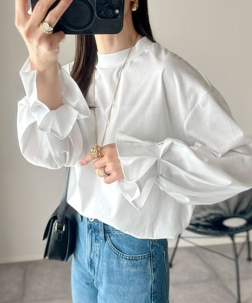 ひとさじの甘さ。微光沢仕立て、シルケット加工ハイネックキャンディスリーブTシャツ（長袖） ce1020306