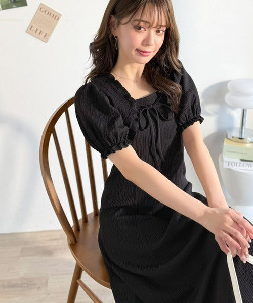 【mily bilet】ボレロ見えレイヤードでスタイルアップ。リボン付き パフスリーブドッキングワンピース (ロング丈) mi1019131