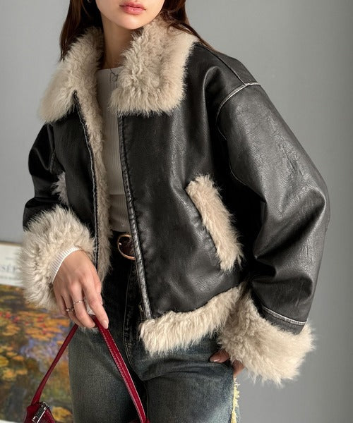 【mily bilet】季節を纏う。ファー使いヴィンテージライク ダメージフェイクレザーライダースジャケット mi1329065