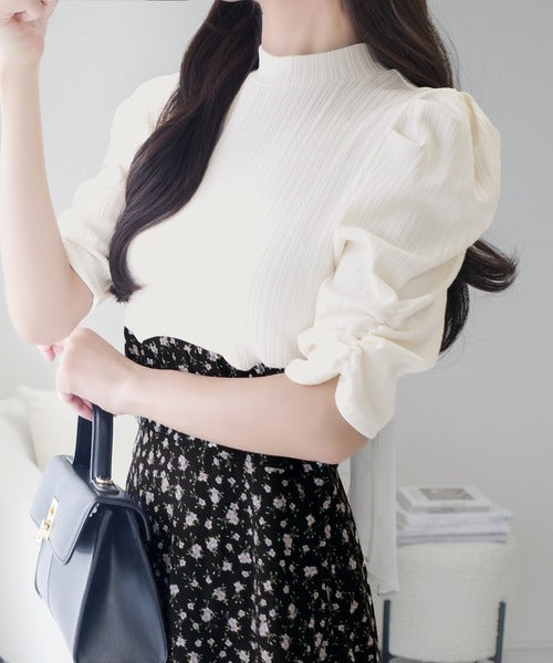 【mily bilet】一枚で主役級フェミニンスタイル。後ろシアーリボン花柄ドッキング袖ギャザーワンピース（ロング丈） mi1139073