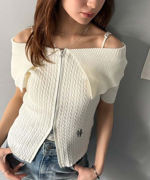 【mily bilet】抜け感レディースタイル。ロゴ刺繍オフショル２WAYダブルジップケーブル柄サマーニット（半袖） mi1029121