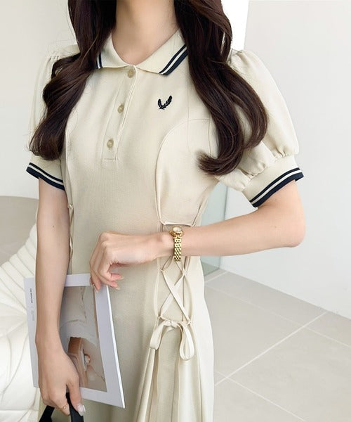 【mily bilet】上品な雰囲気と、大人フェミニンさの融合。鹿の子胸刺繍ポロワンピース mi1359016