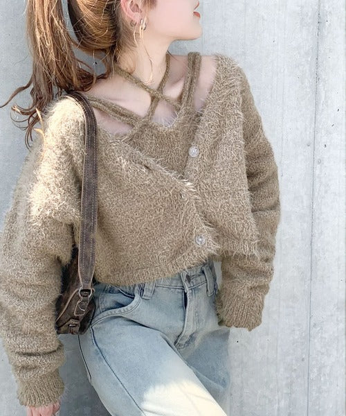 【mily bilet】秋冬も抜かりない女子コーデに！チョーカーニットキャミ使いメランジニットアンサンブル mi1259003