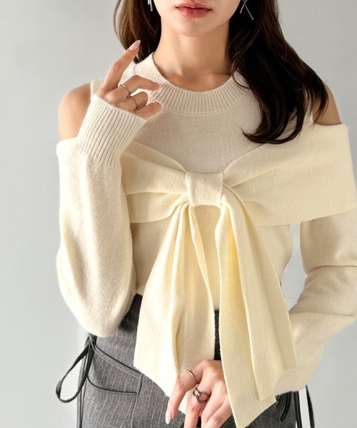 【mily bilet】カジュアルにもエレガントにも着こなせる万能アイテム。リボンオフショルニットプルオーバー(長袖) mi1139092
