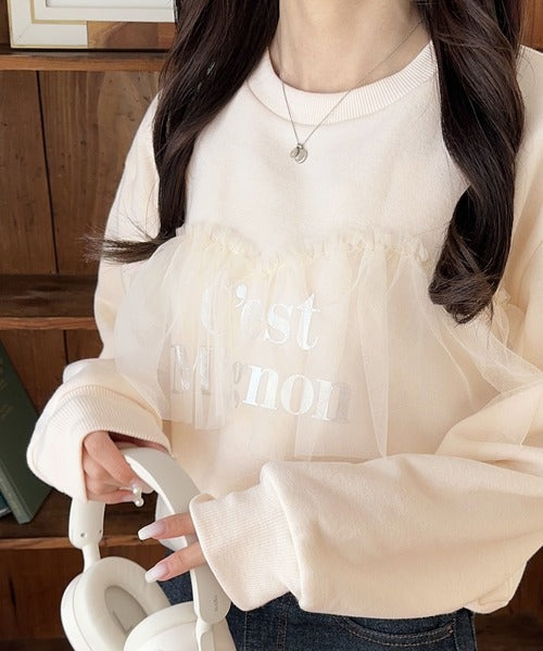 【mily bilet】おしゃれと快適さを同時に叶える。チュール切り替え箔プリント裏起毛スウェット mi1359002
