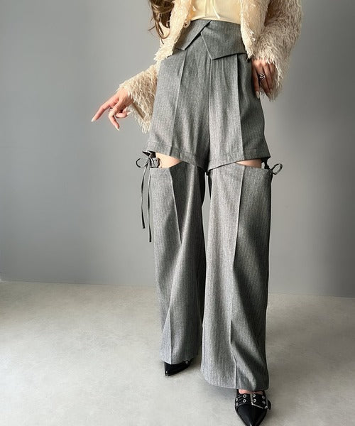 【mily bilet】大人ガーリーボトム。ウエスト折り返しリボンストラップ２WAYセンタープレスハイウエストワイドスラックスパンツ mi1329005