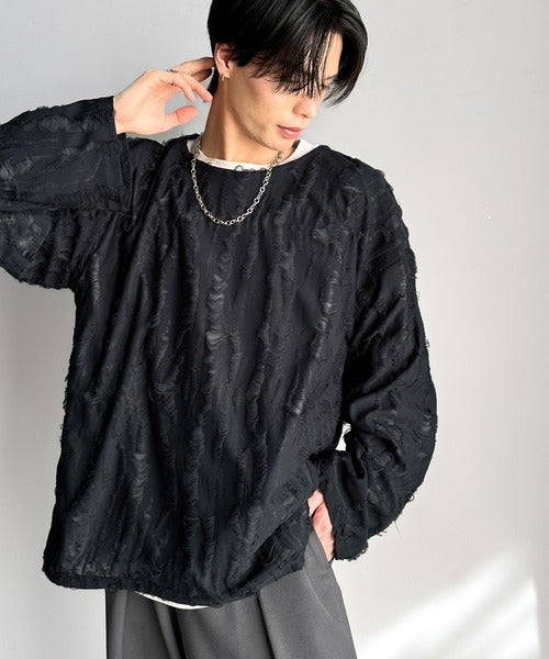 グランジを楽しむ旬スタイル。ダメージ加工ビッグシルエットジャカードカットソーTシャツ（長袖） cm1010420