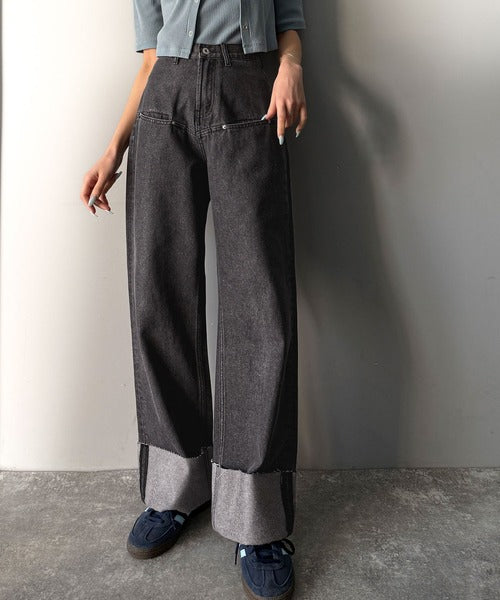 《JaVa ジャバコラボ》新感覚な大人デニム。ロールアップフロントポケットワイドデニムパンツ jv0909005