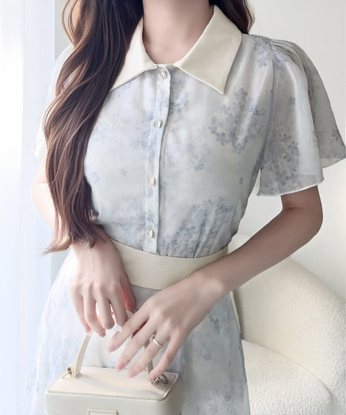 【mily bilet】夏を涼む相棒ワンピ♪水彩フラワーが上品。シアーフローラル バックリボンワンピース (長袖) (ロング) mi1139101