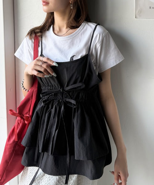 旬のレイヤードスタイルがこれ一着で即完成。ダブルリボン使いキャミ＆ムーン刺繍半袖Tシャツセット ce1265004
