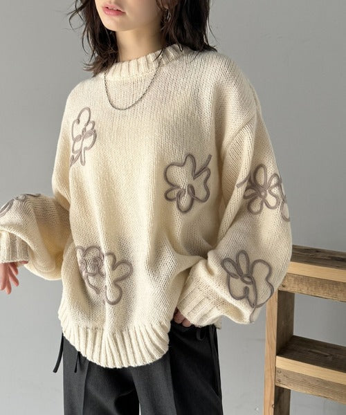 【mily bilet】秋冬のあったかニット。ウールライクフラワーコード刺繍ニットプルオーバーニット mi1149064