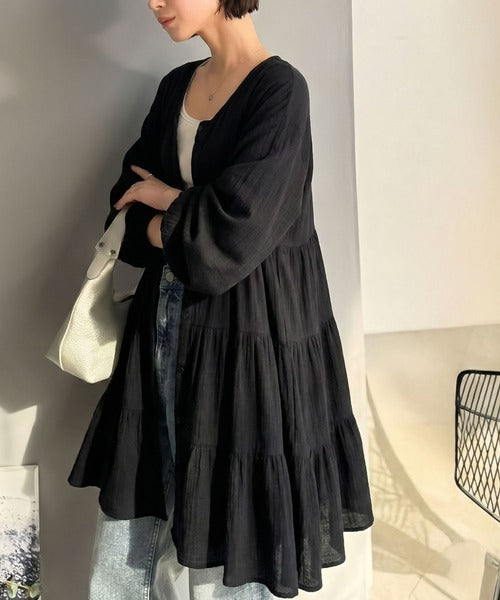 【Classical Evon】華やかさと体型カバーを両立する、着回し抜群な1枚。前後2wayパナマ風ティアードチュニック（長袖） ev1010591