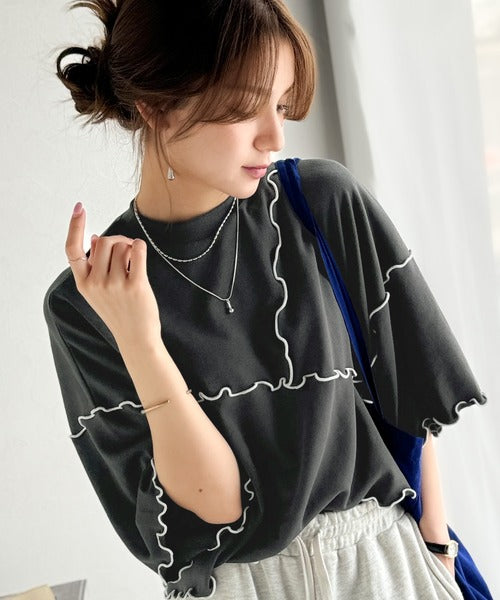 Tシャツより可愛く、スウェットより軽やか♪5分袖メロウ切替裏毛トップス ce1020310