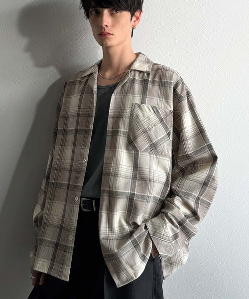 【Classical Origin】自然体のカッコよさ。ヴィンテージ風チェック柄オープンカラーシャツ（長袖）/Vintage-style check pattern open collar shirt co1010024