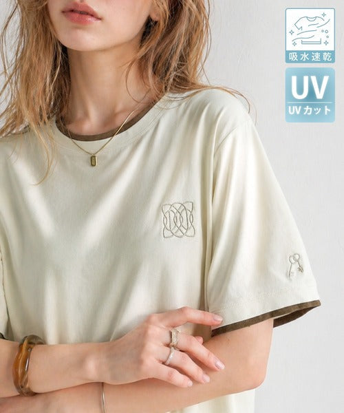 【接触冷感・吸水速乾・UVカット機能付き】リッチカジュアルなアイテム。ダブルカラーポイント刺繍TEE ce1110189