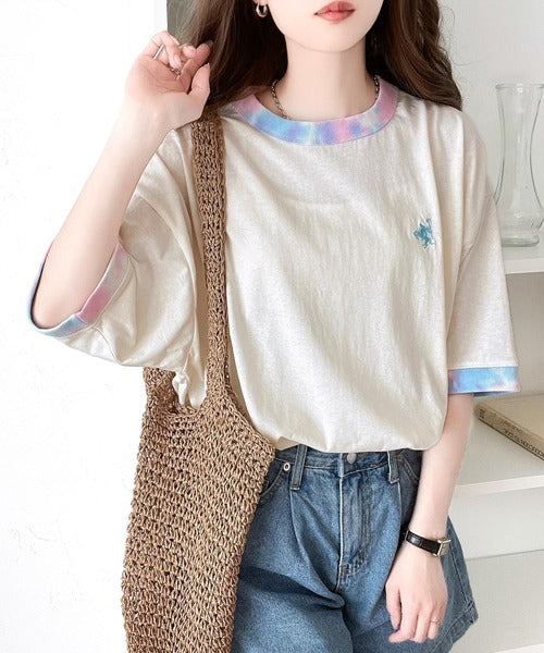 レトロでポップな大人リンガーT。胸刺繍タイダイリンガー半袖T ce1050158