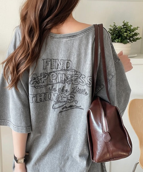 綿100%メンズライクヴィンテージウォッシュ☆前後2way刺繍ワイドネックTシャツ ce1260421