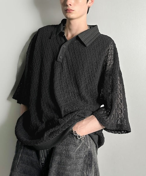 「透け感、モードの余韻。」衿ダブルライン使いレース柄ニットポロシャツ/Lace Detail Knit Polo Shirt co1010010