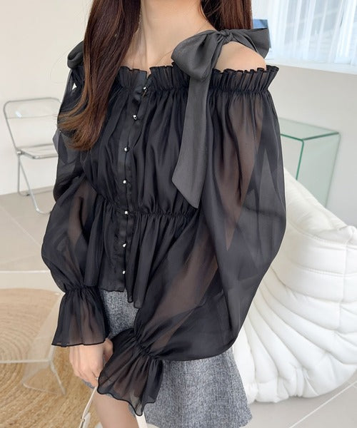 【mily bilet】大人愛され甘め主役級トップス。肩リボンオフショル２WAYオーガンジーブラウス(長袖) mi1359008