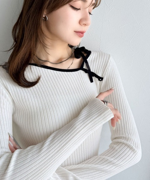 【mily bilet】春夏の新定番！くるみボタンアシンメトリーネックボーダーリブニット(長袖） mi1029111