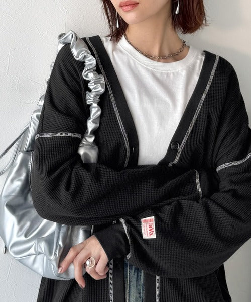《JaVaジャバコラボ》ラフで上品な大人のゆるカジュアル。配色ステッチVネックワッフルカーディガン（長袖） jv1260505
