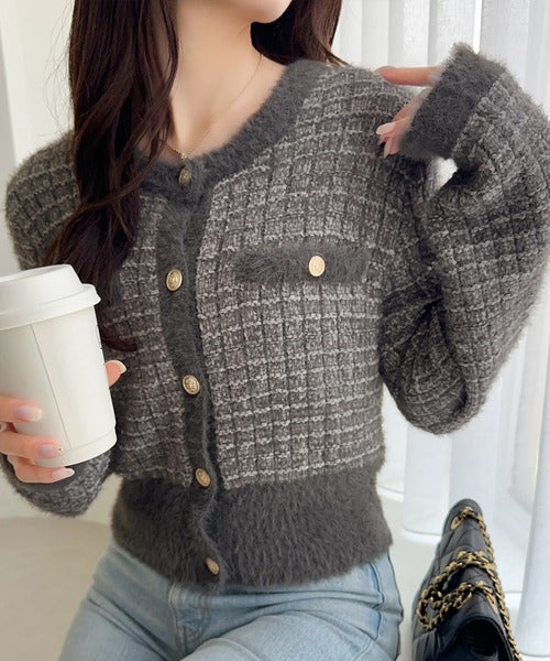 【mily bilet】ツィードライクフェザー切り替えラメニットジャケット mi1329043