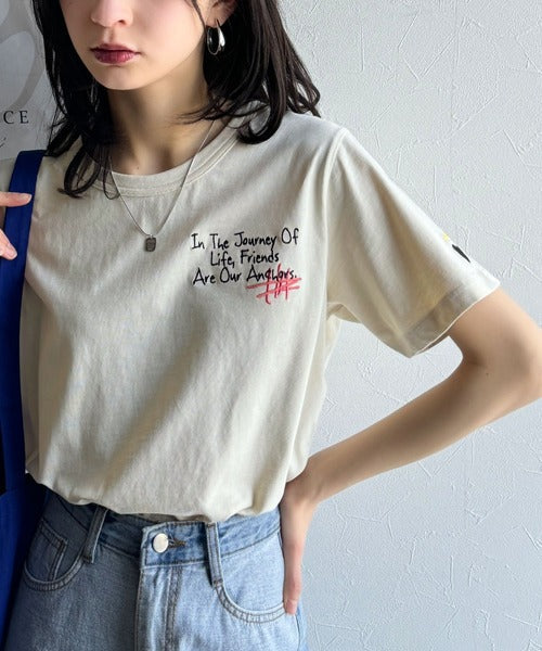 【sustaina+】アートのように刺繍が映える。オーガニックコットン100%らくがき風刺繍 無地＆ボーダー柄半袖Tシャツ ce1260396